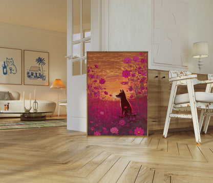 Wolf in Cosmos Flowers Poster