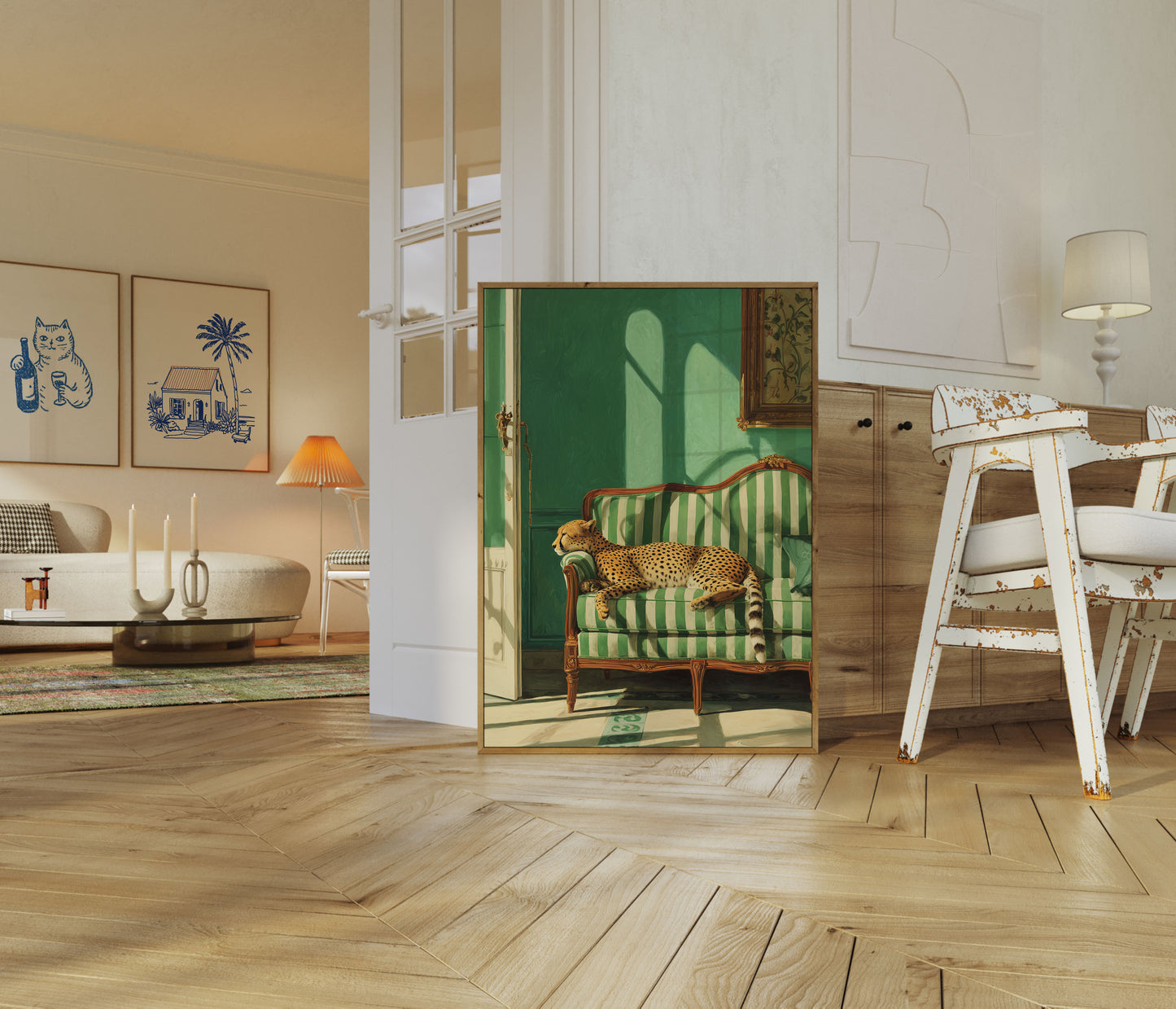 Elegant Cheetah on Striped Sofa Poster