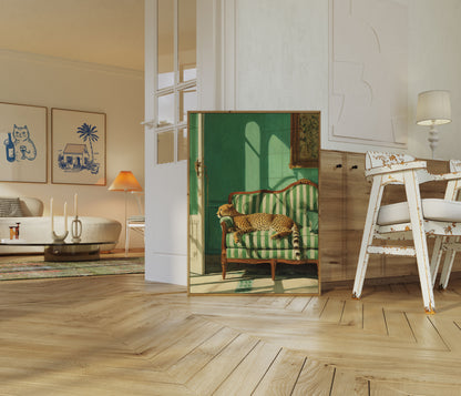 Elegant Cheetah on Striped Sofa Poster