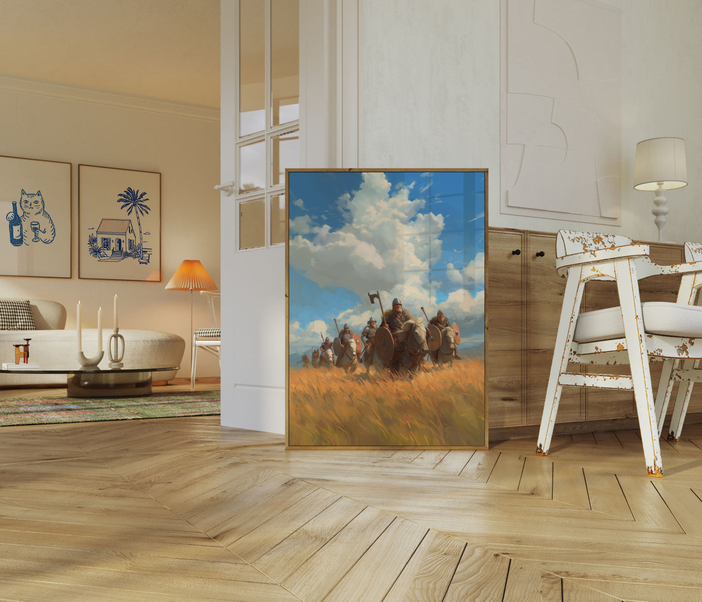 Póster de guerreros vikingos a caballo