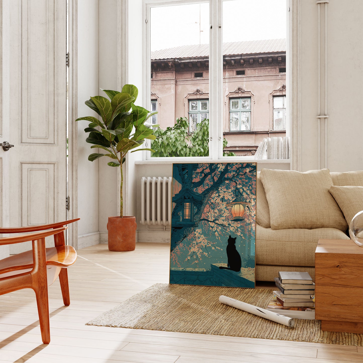 Cat Under Blooming Tree Poster