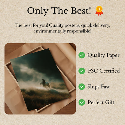 Lone Rider Through Misty Landscape Poster