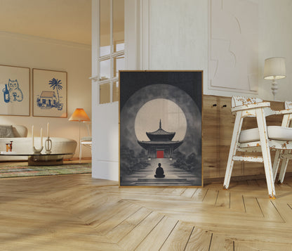 Meditation Temple Under Moonlight Poster