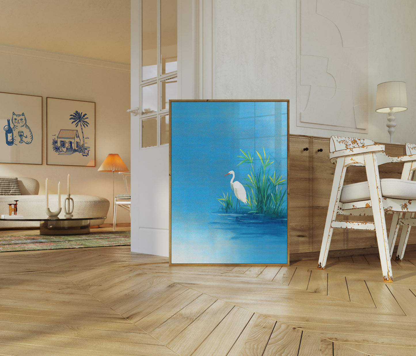Póster de garceta blanca junto al lago