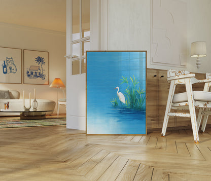 Póster de garceta blanca junto al lago
