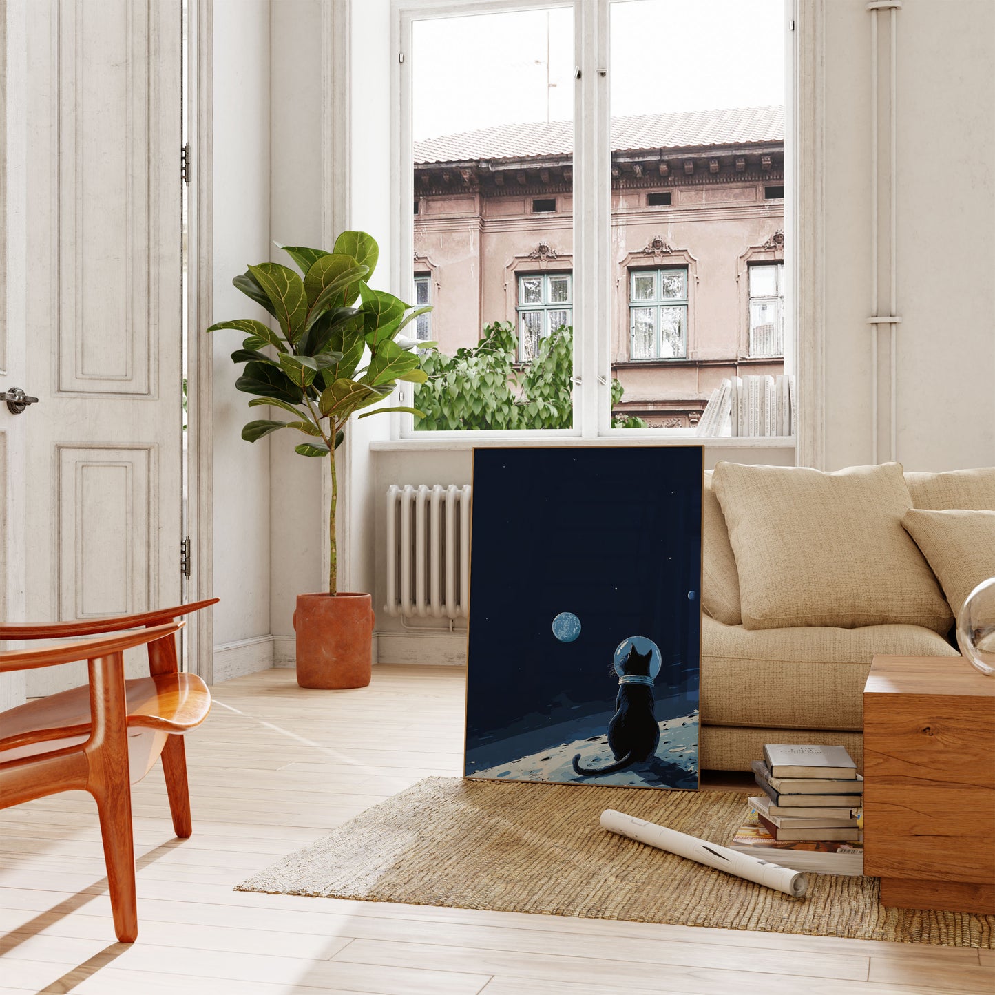 Póster del Astronauta Gato Mirando la Tierra