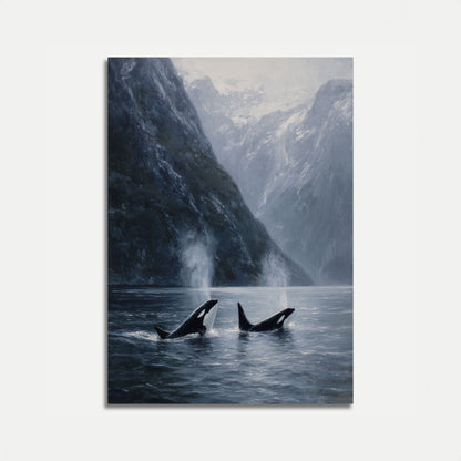 Orcas em Águas da Montanha Enevoada Pôster