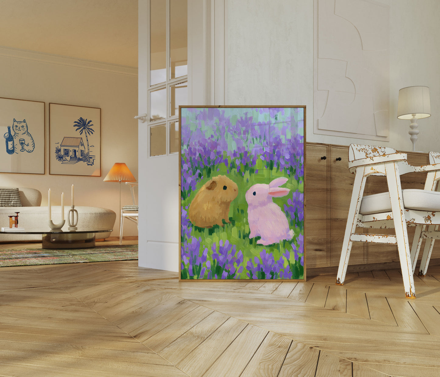 Guinea Pig and Rabbit in Lavender Poster