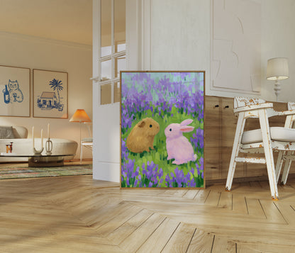 Guinea Pig and Rabbit in Lavender Poster
