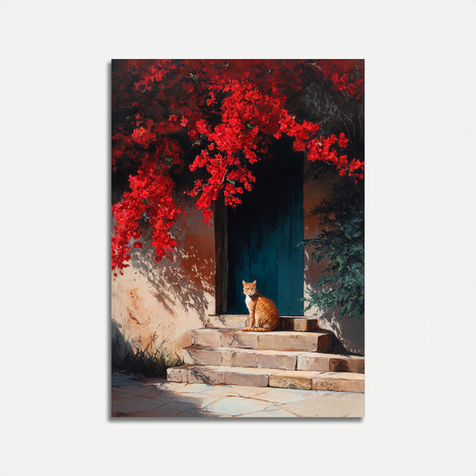 Orange Cat by Red Flowers Poster