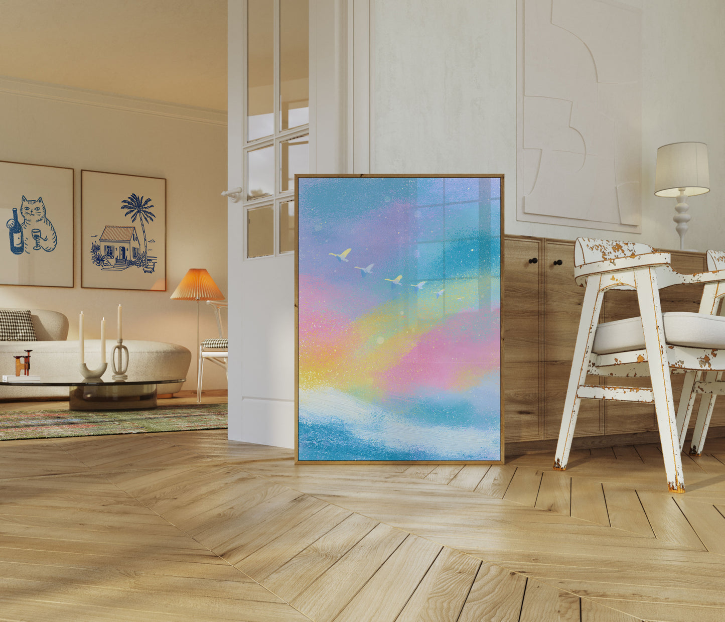 Flying Birds Rainbow Sky Poster