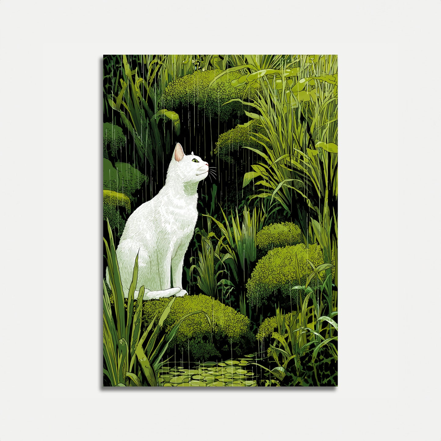 Cartel del Gato Blanco en el Jardín Lluvia