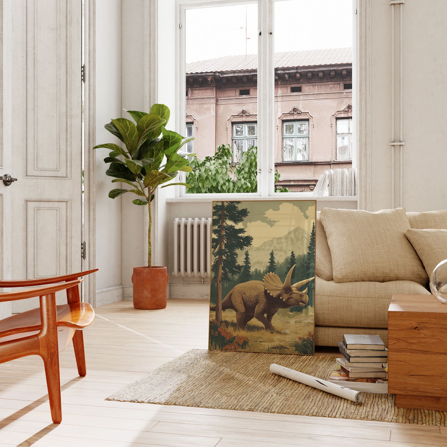 Póster del triceratops de montaña prehistórico