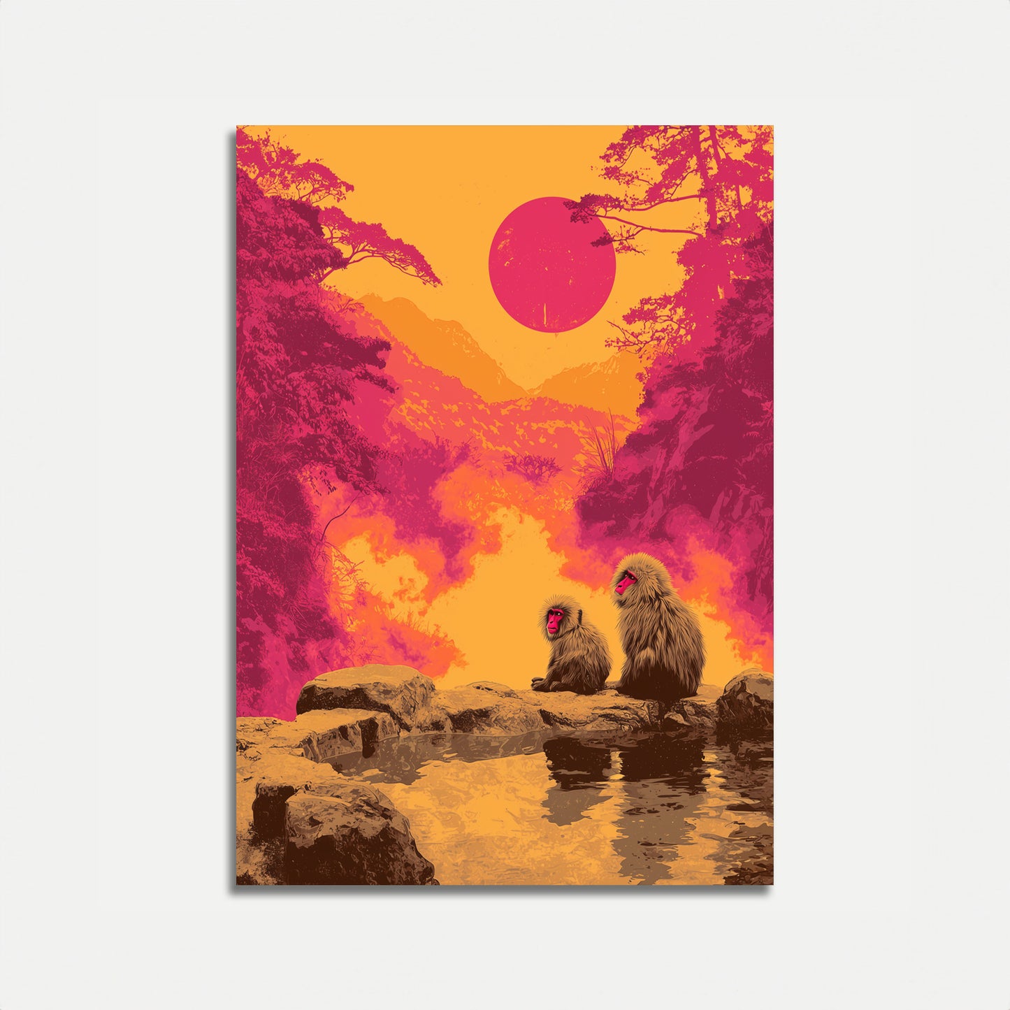 Macaques at Sunset Mountain Poster