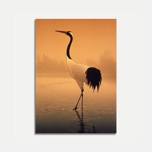 Affiche Élégante Grue Pataugeant au Coucher du Soleil