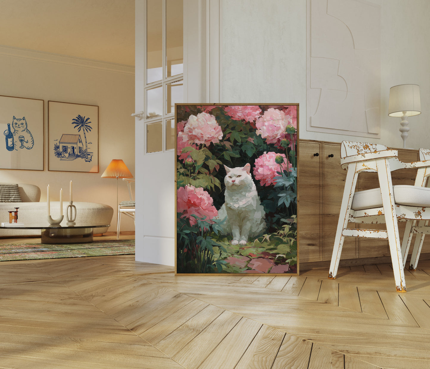 Weiße Katze in rosa Pfingstrosen Poster
