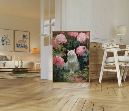 Weiße Katze in rosa Pfingstrosen Poster