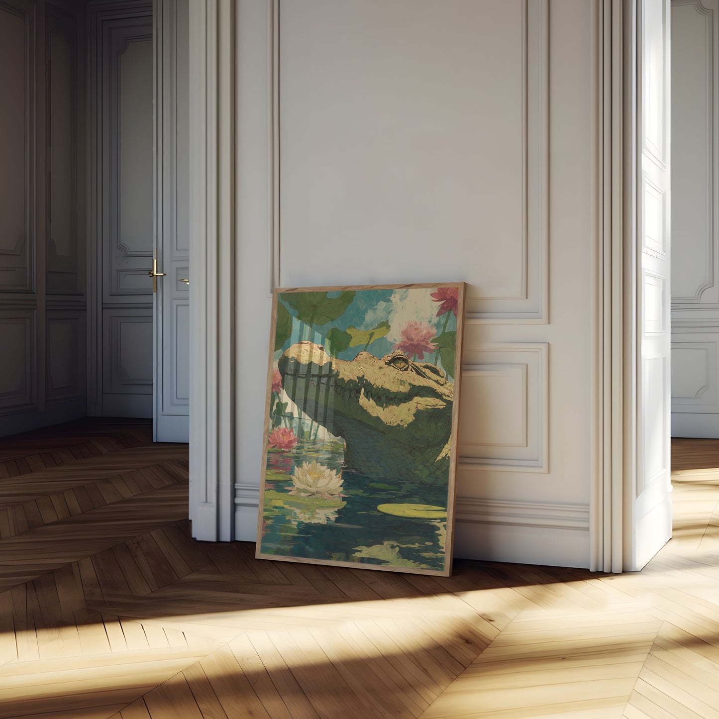 Póster de cocodrilo en aguas de loto