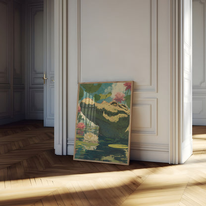 Póster de cocodrilo en aguas de loto