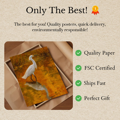 White Heron in Golden Waters Poster