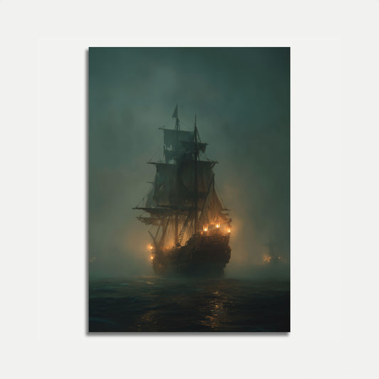 Ghostly Pirate Ship Night Poster