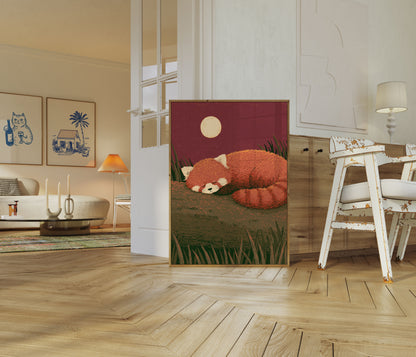 Red Panda Moon Night Poster