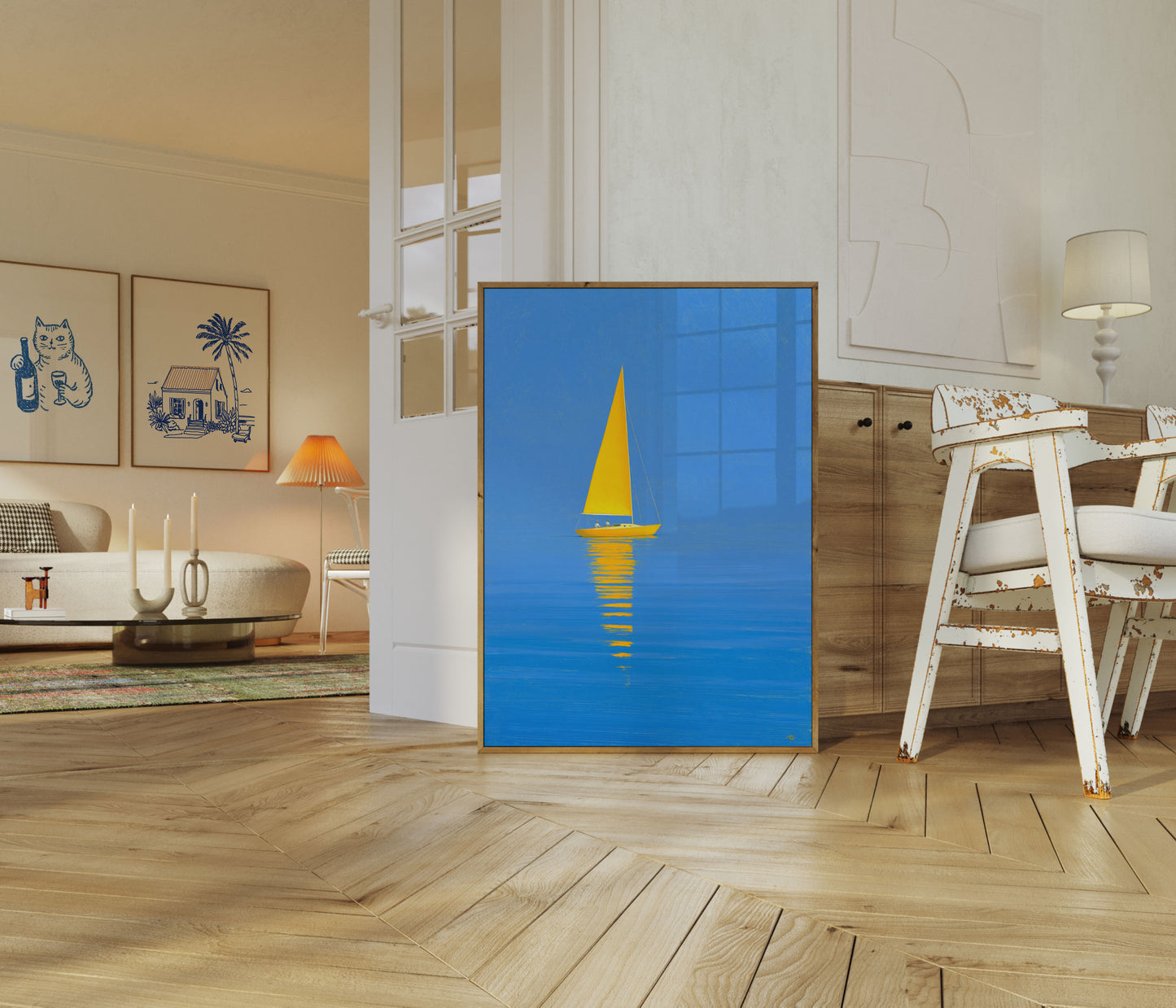 Gelbes Segelboot auf blauem Ozean Poster