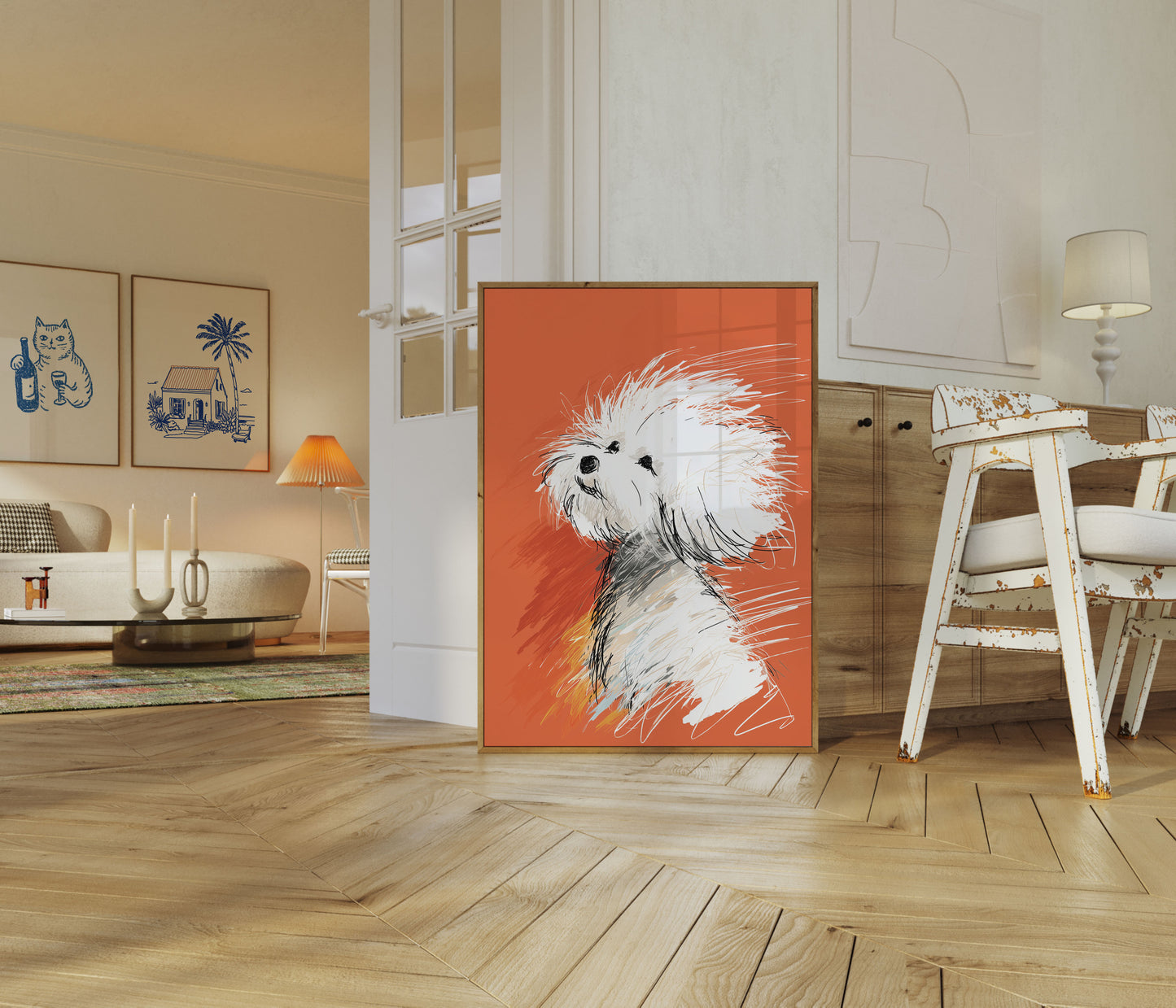 Affiche de croquis de chien blanc duveteux