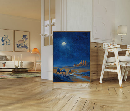 Plakát Měsícem ozářené pouštní cesty na velbloudovi