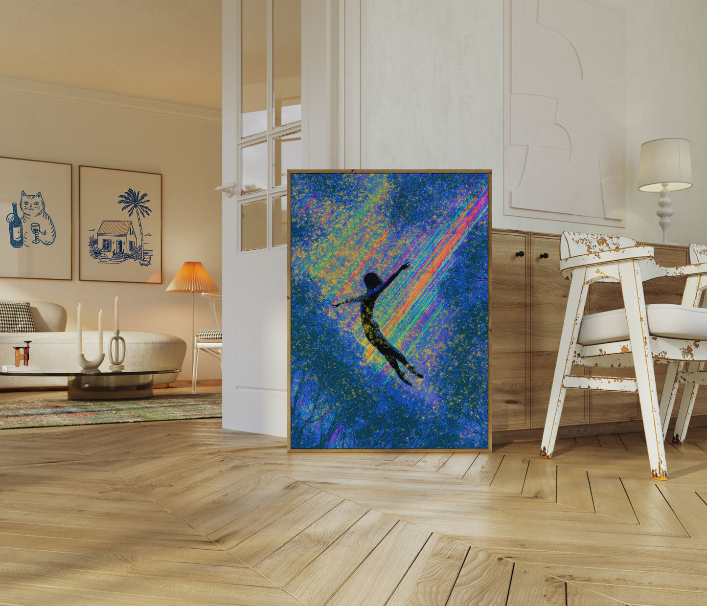 Swimmer Diving Through Cosmic Light Poster
