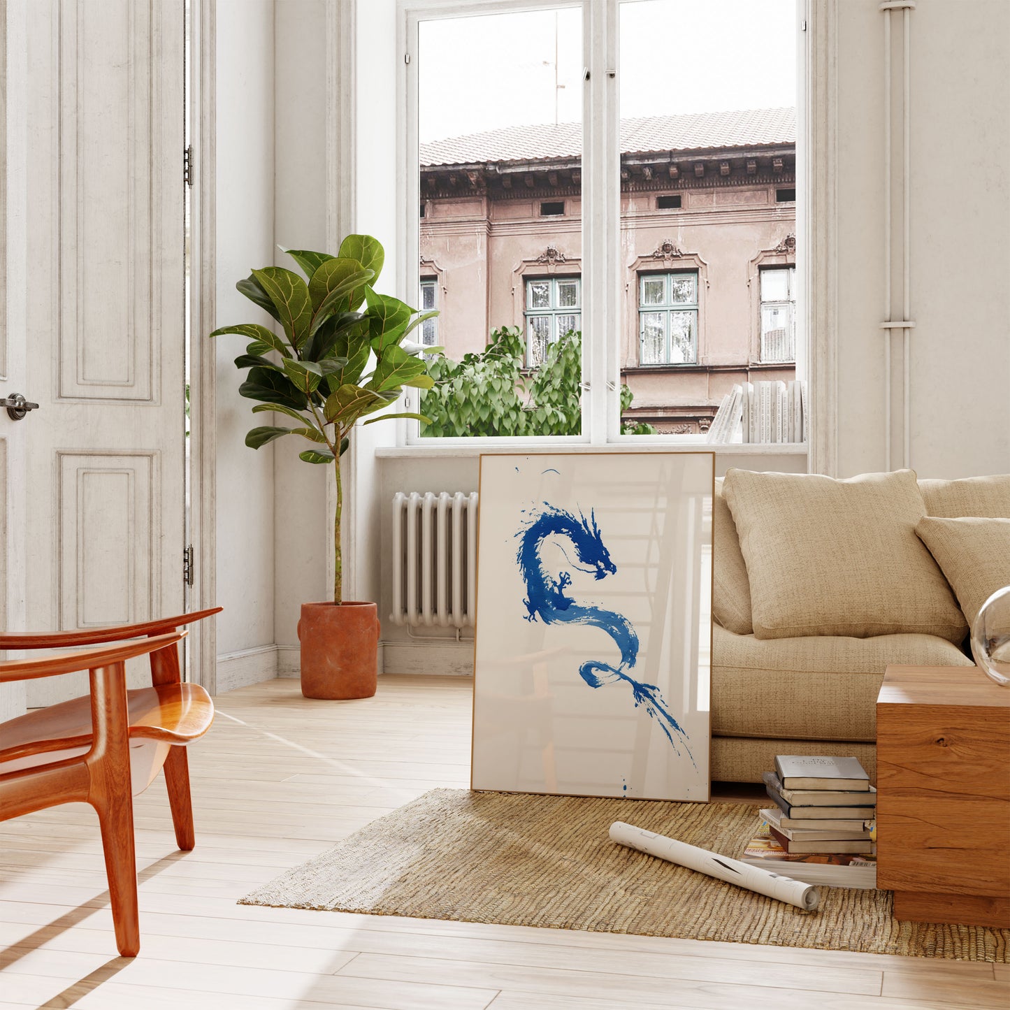 Póster de dragón con pincelada azul