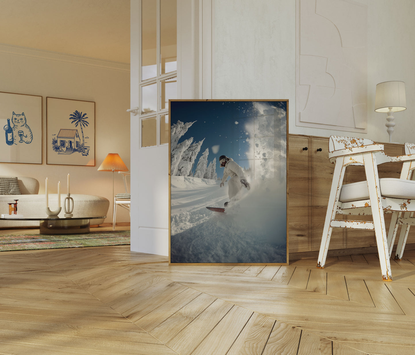 Snowboarder Skjærer i Frisk Snø Plakat