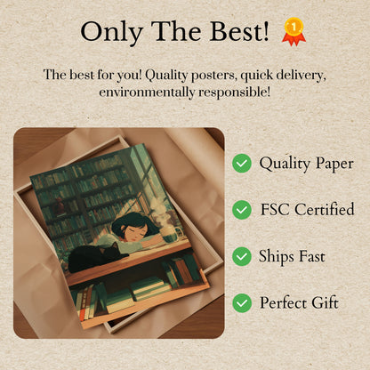 Cozy Library Cat Reading Moment Poster