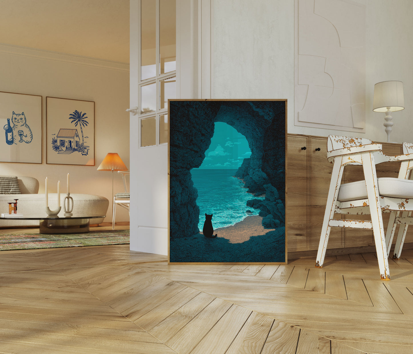 Cat Gazing at Turquoise Ocean Poster
