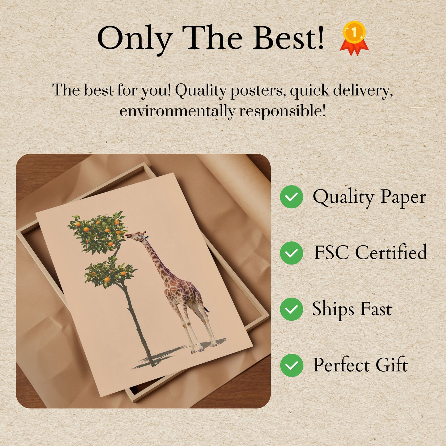 Póster de jirafa alcanzando un naranjo