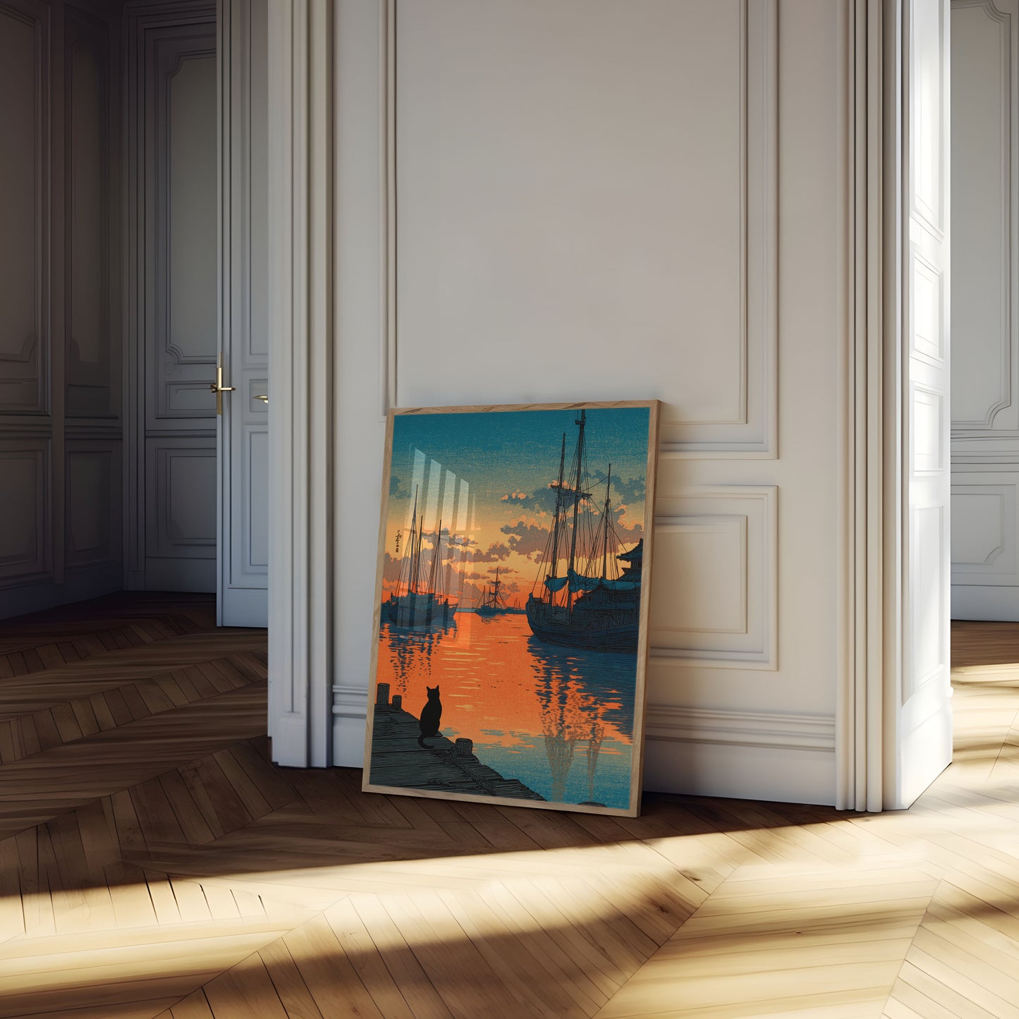 Kat ser sejlbåde ved solnedgang plakat