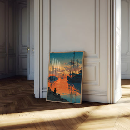 Kat ser sejlbåde ved solnedgang plakat