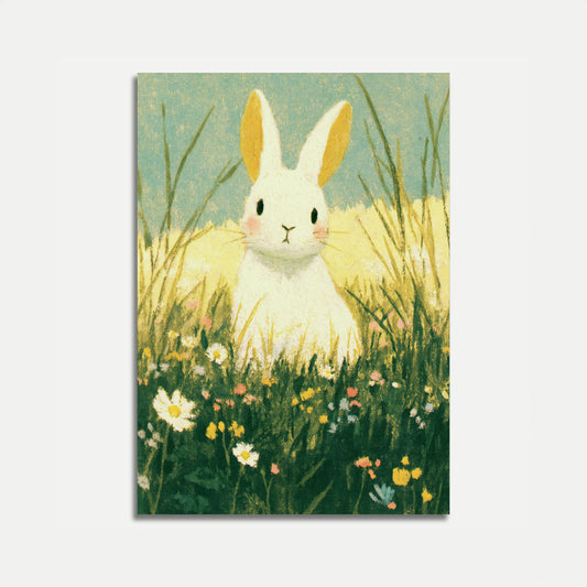 Plakat: Weißer Hase auf Blumenwiese