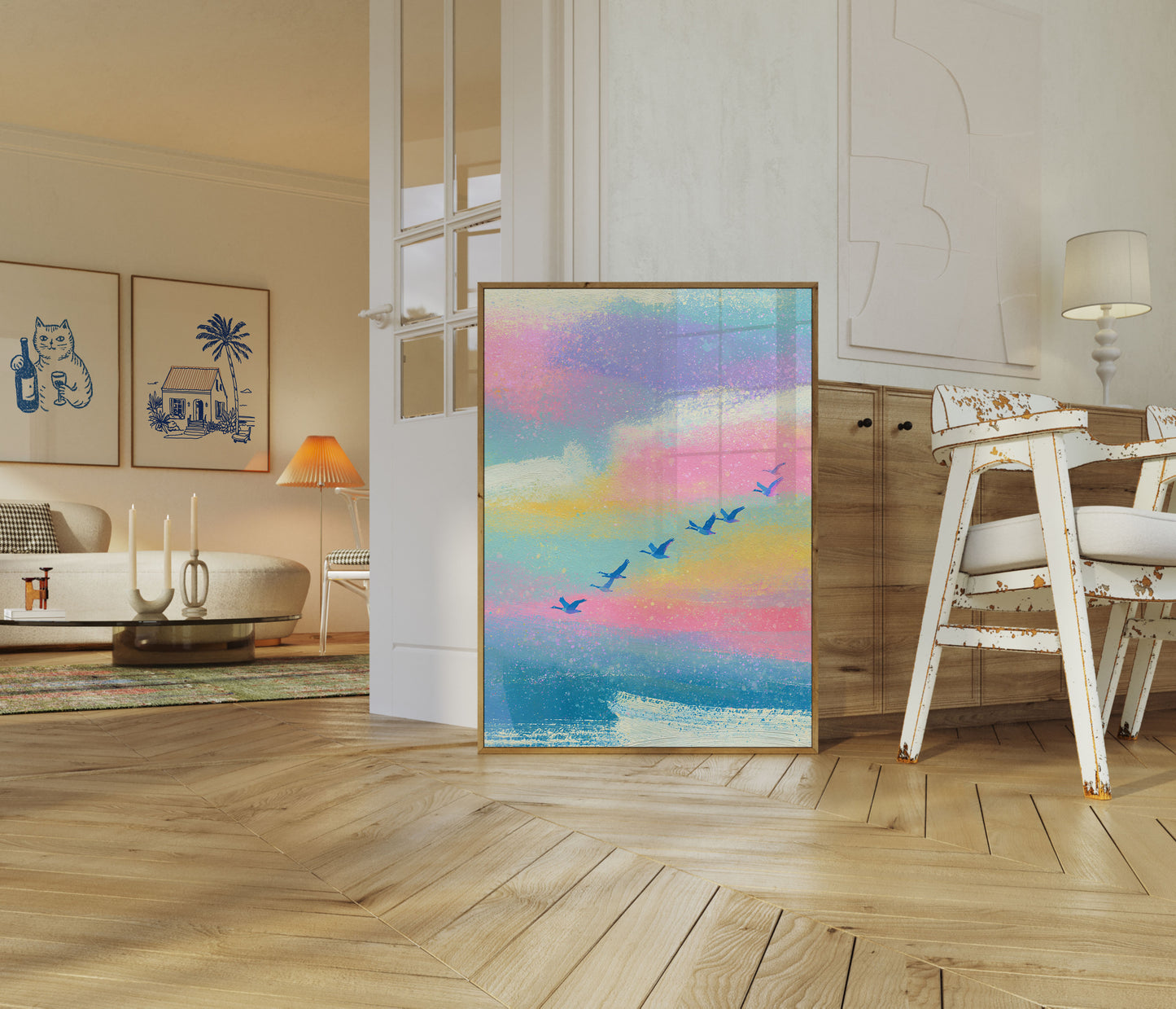 Fliegende Vögel Gradient Himmel Poster