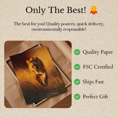 Golden Lion Walking Through Grassland Poster