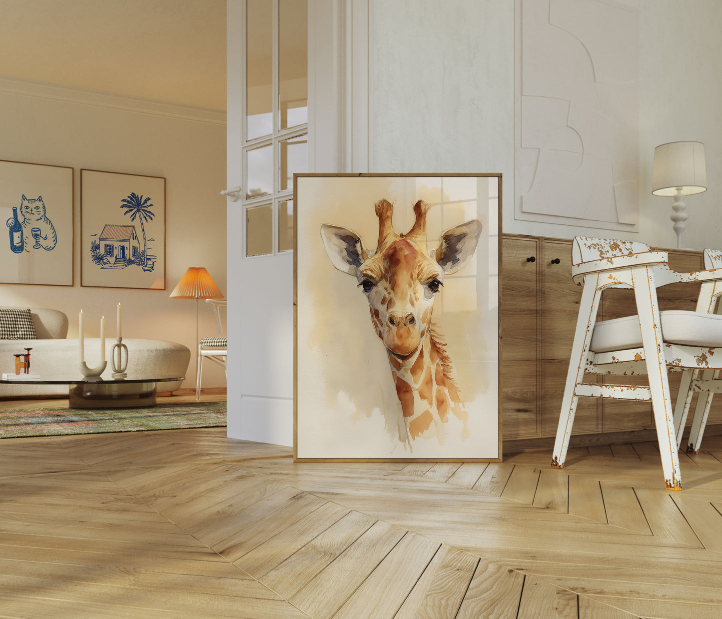 Póster de retrato de jirafa en acuarela