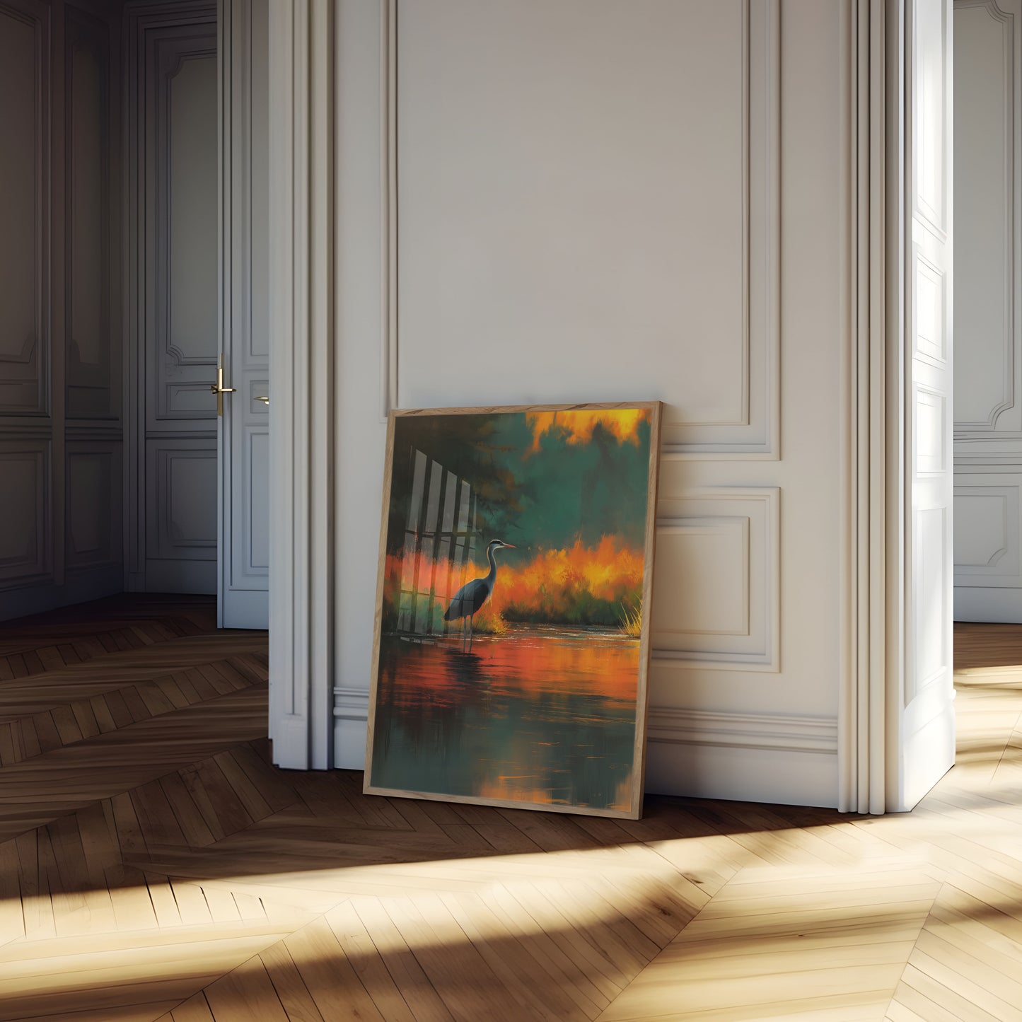 Heron in Fiery Sunset Poster