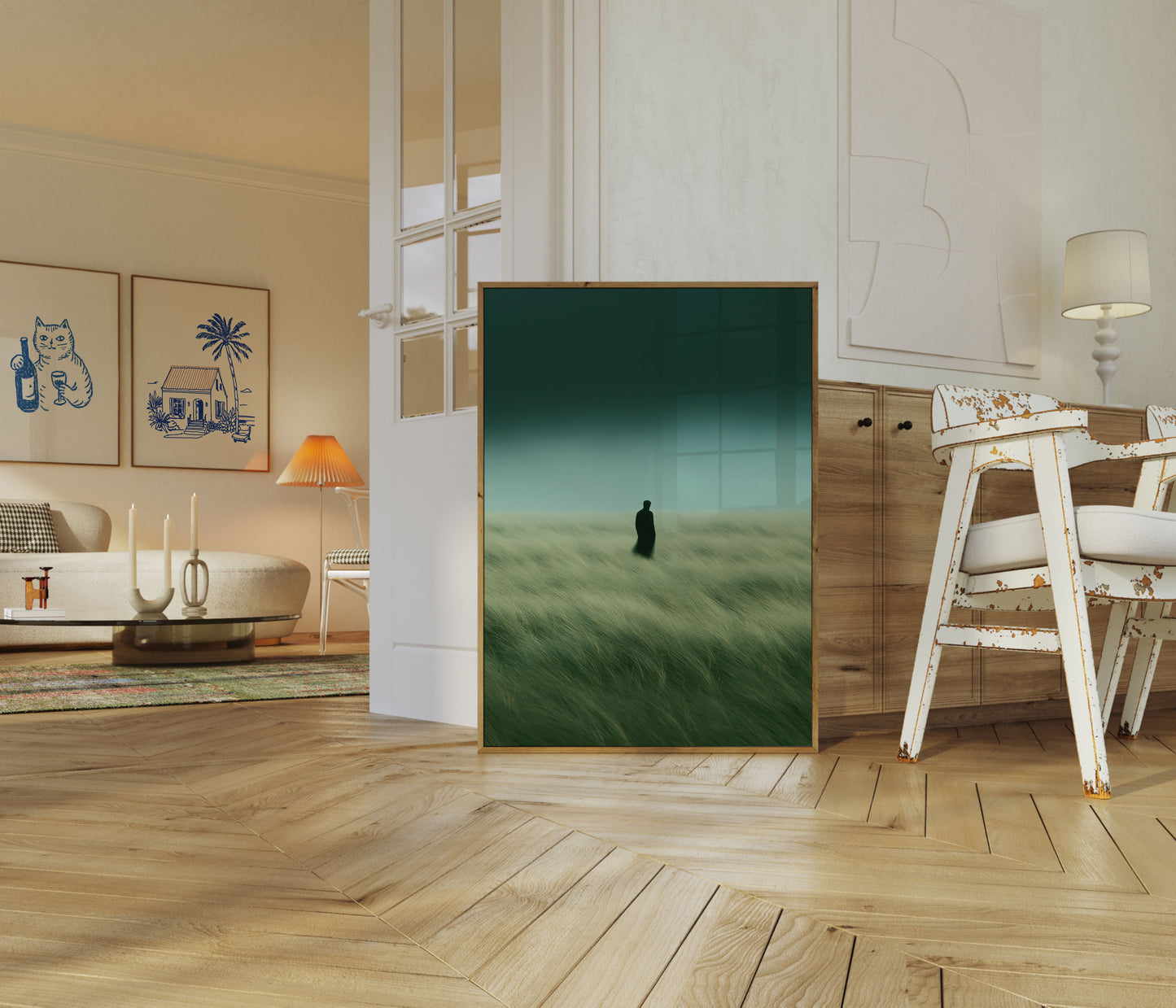 Einzelne Figur auf Poster in windiger Graslandschaft