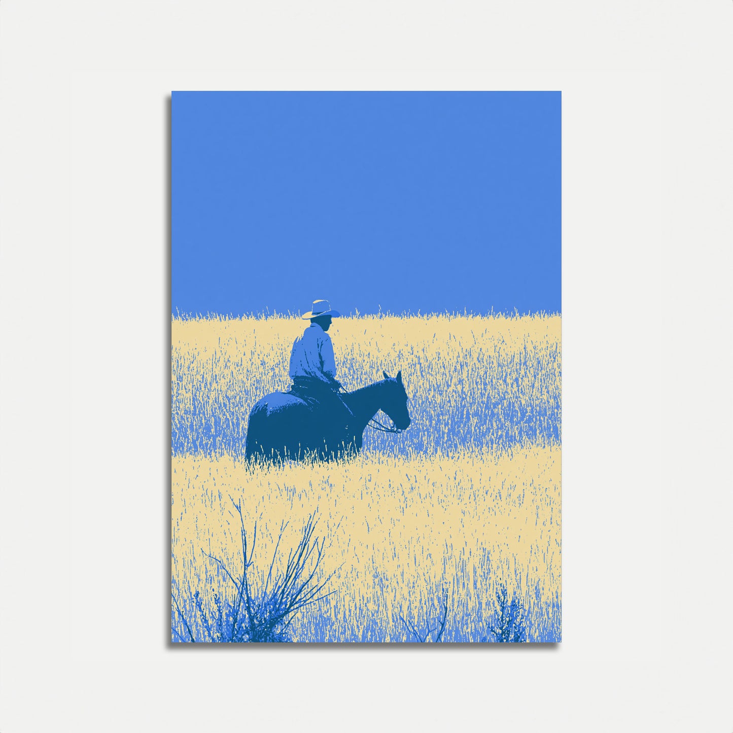 Poster: Cowboy cavalca attraverso un campo di grano