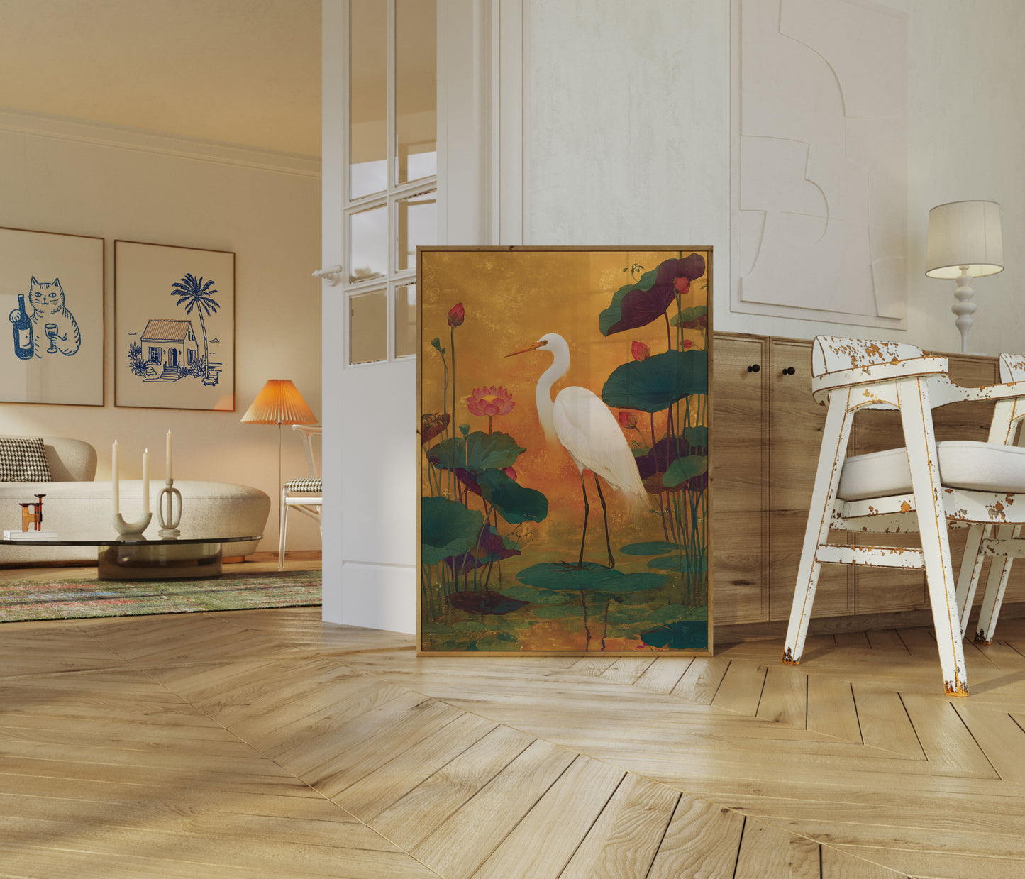 White Heron in Lotus Garden Poster