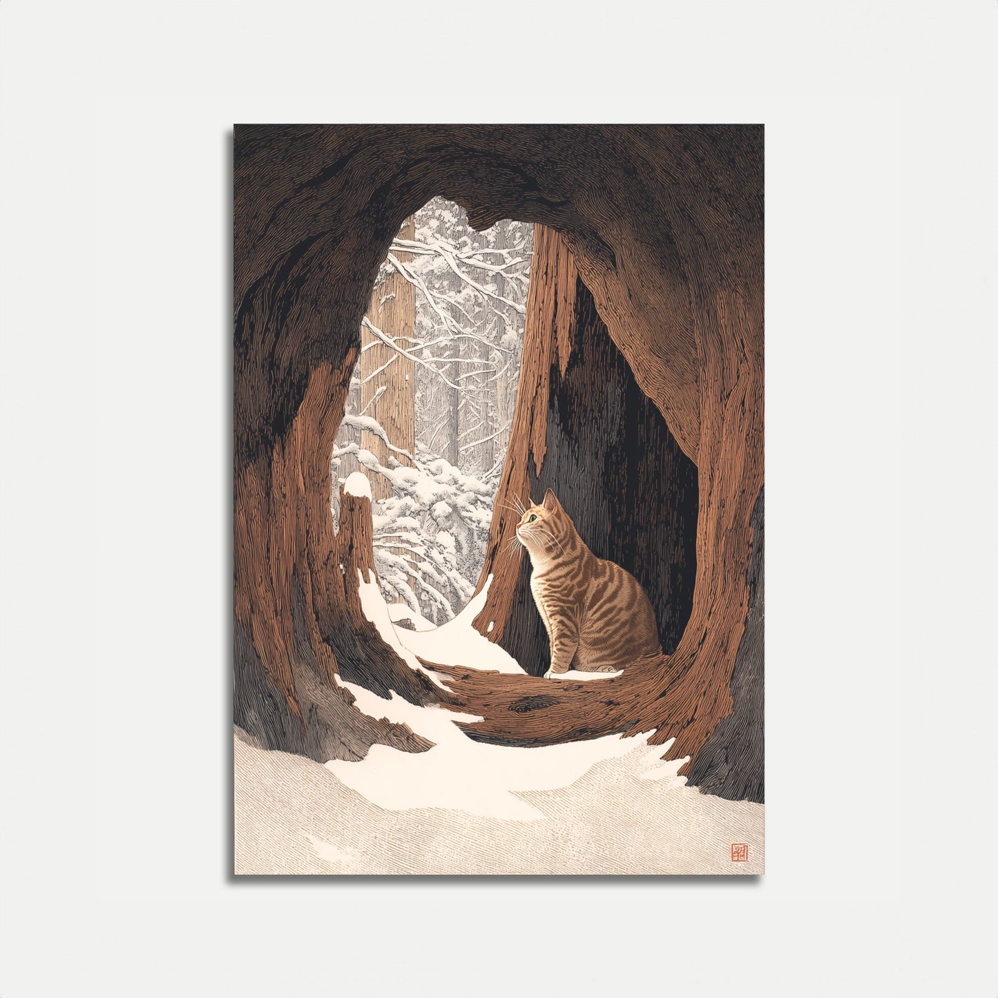 Cat in Snowy Forest Cave Poster