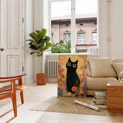 Black Cat in Flower Garden Poster