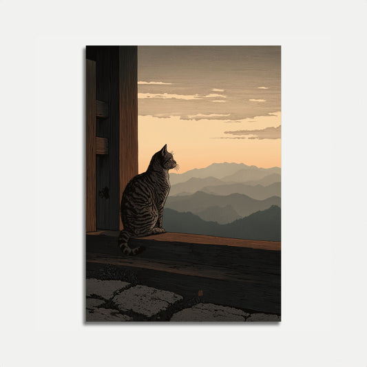Cat Contemplating Mountain Sunset Poster