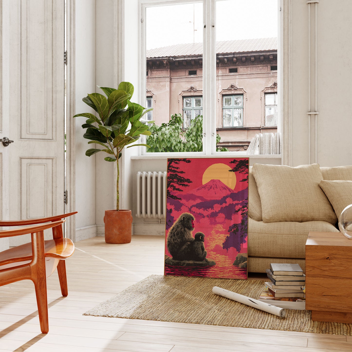 Affiche Coucher de Soleil Singe et Mont Fuji