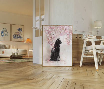 Sort kat under kirsebærblomster plakat